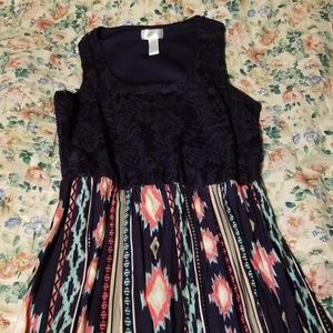 A navy maxi dress, with Aztec designs.